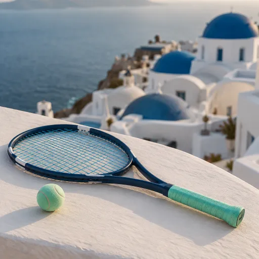 Elevated Santorini tennis lessons amid iconic architectural hotels